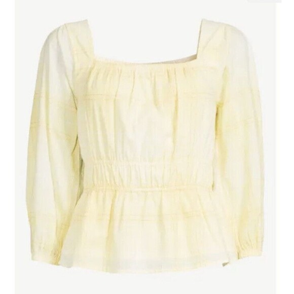 Free Assembly 3/4 Sleeve Square Neck Top Peplum Hem Cadmium Yellow Plaid Size XL - Picture 1 of 14